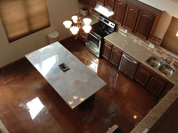 reflective floors and counters in a kitchen